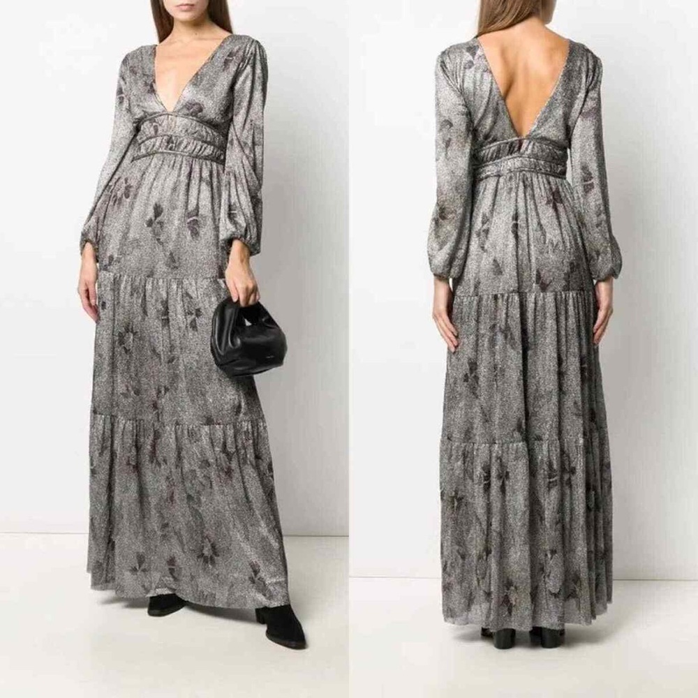 NWT Ba&Sh | Woman’s Elegant Floral Metallic Grey Maxi Dress Size 1 Small